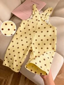Elladie kids 女童波點印花燈芯絨連身褲，秋冬時尚休閒寬腿吊帶褲 - 黃色 - 查看 2