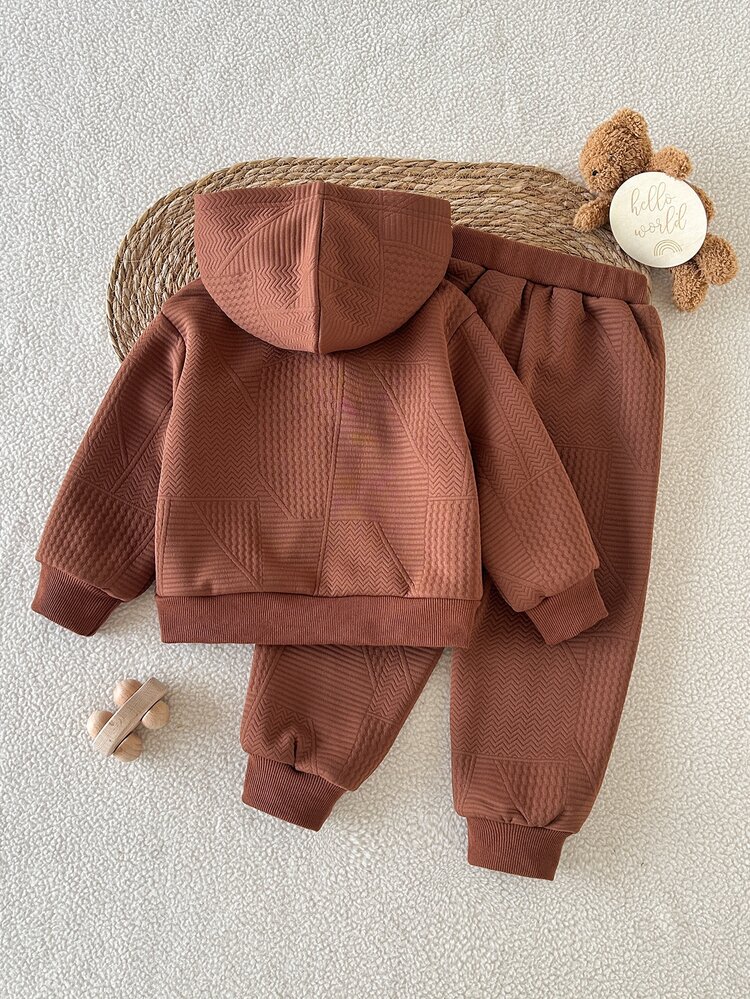 SHEIN 2pcs Young Boy Casual Patchwork Solid Color Long Sleeve Comfortable Thermal Lined Zip-Up Jacket And Pants Set Suitable For Daily Casual Outdoor Activities In Autumn And Winter - Brown - View 2
