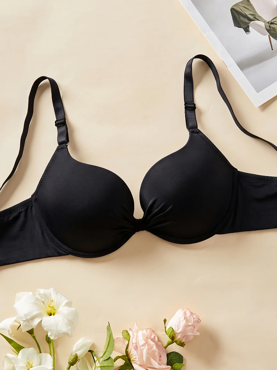DesireSculpt Solid Color Underwire 3-Row Hook Front Bow Push-Up Ultra-Fine Fiber Full Coverage Bra 1pc - Black - View 1
