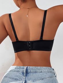 DesireSculpt Solid Color Underwire 3-Row Hook Front Bow Push-Up Ultra-Fine Fiber Full Coverage Bra 1pc - Black - View 2