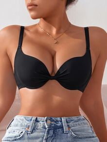 DesireSculpt Solid Color Underwire 3-Row Hook Front Bow Push-Up Ultra-Fine Fiber Full Coverage Bra 1pc - Black - View 3