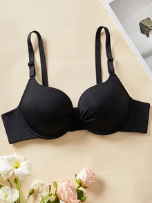 DesireSculpt Solid Color Underwire 3-Row Hook Front Bow Push-Up Ultra-Fine Fiber Full Coverage Bra 1pc - Black - View 4