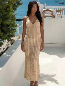 SHEIN Swim Summer Beach Women's Hollow Out Halter Neck Tie Waist Cover Up Dress - Khaki - View 3