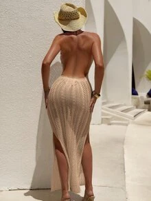 SHEIN Swim Summer Beach Women's Hollow Out Halter Neck Tie Waist Cover Up Dress - Khaki - View 4
