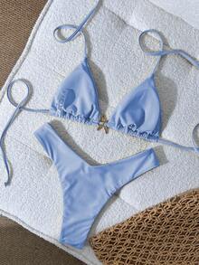 SHEIN Swim Women's Solid Color Spaghetti Strap Metal Decor Sexy Bikini Set, Summer - Blue - View 2