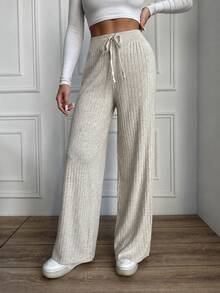 EURMUSE Drawstring Waist Ribbed Knit Pants - Beige - View 5