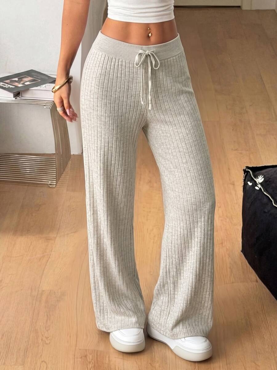 EURMUSE Drawstring Waist Ribbed Knit Pants - Beige - View 1