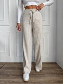EURMUSE Drawstring Waist Ribbed Knit Pants - Beige - View 6