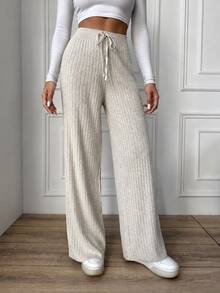 EURMUSE Drawstring Waist Ribbed Knit Pants - Beige - View 4