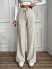 EURMUSE Drawstring Waist Ribbed Knit Pants - Beige - View 7