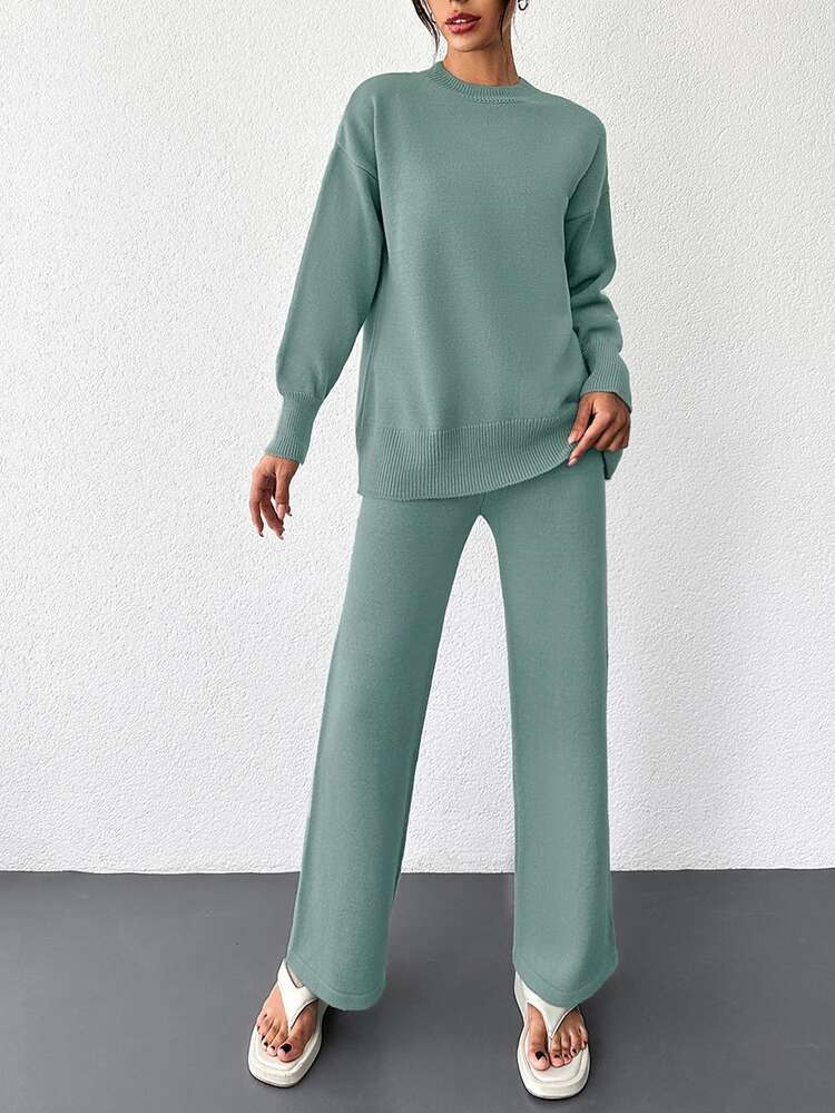 Cloudara Solid Drop Shoulder Sweater & Knit Pants - Mint Green - View 9