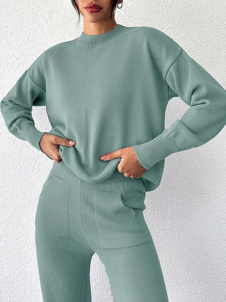 Cloudara Solid Drop Shoulder Sweater & Knit Pants - Mint Green - View 7