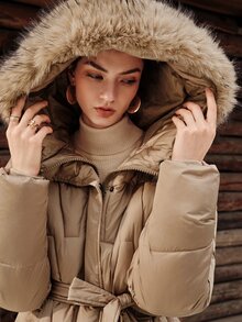 Anewsta Winter Khaki Hooded Detachable Fur Collar Waist-Cinching Long Sleeve Padded Coat - Khaki - View 1