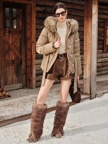 Anewsta Winter Khaki Hooded Detachable Fur Collar Waist-Cinching Long Sleeve Padded Coat - Khaki - View 4