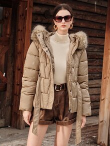 Anewsta Winter Khaki Hooded Detachable Fur Collar Waist-Cinching Long Sleeve Padded Coat - Khaki - View 3