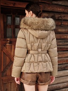 Anewsta Winter Khaki Hooded Detachable Fur Collar Waist-Cinching Long Sleeve Padded Coat - Khaki - View 7