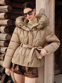 Anewsta Winter Khaki Hooded Detachable Fur Collar Waist-Cinching Long Sleeve Padded Coat - Khaki - View 5