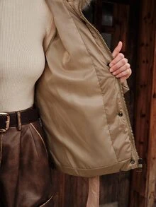 Anewsta Winter Khaki Hooded Detachable Fur Collar Waist-Cinching Long Sleeve Padded Coat - Khaki - View 8