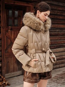 Anewsta Winter Khaki Hooded Detachable Fur Collar Waist-Cinching Long Sleeve Padded Coat - Khaki - View 6