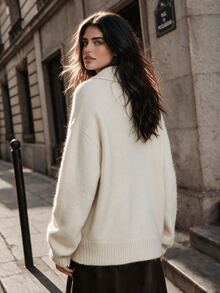 Anewsta Essential French Elegant High-End Turn Collar Pullover Half-Zip Knit Wool Sweater - Apricot - View 7