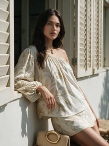 CAJUNI 女款單肩花卉印花休閒熱帶風日常穿著上衣 度假早午餐 米白色 秋季 - 彩色 - 查看 2