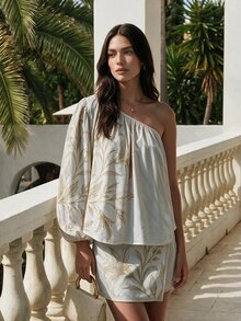 CAJUNI 女款單肩花卉印花休閒熱帶風日常穿著上衣 度假早午餐 米白色 秋季 - 彩色 - 查看 5