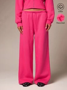 Athîral Women's Solid Color Drawstring Waist Wide Leg Loose Casual Sweatpants Lounge Home Hot Pink Fall - Pink - View 3