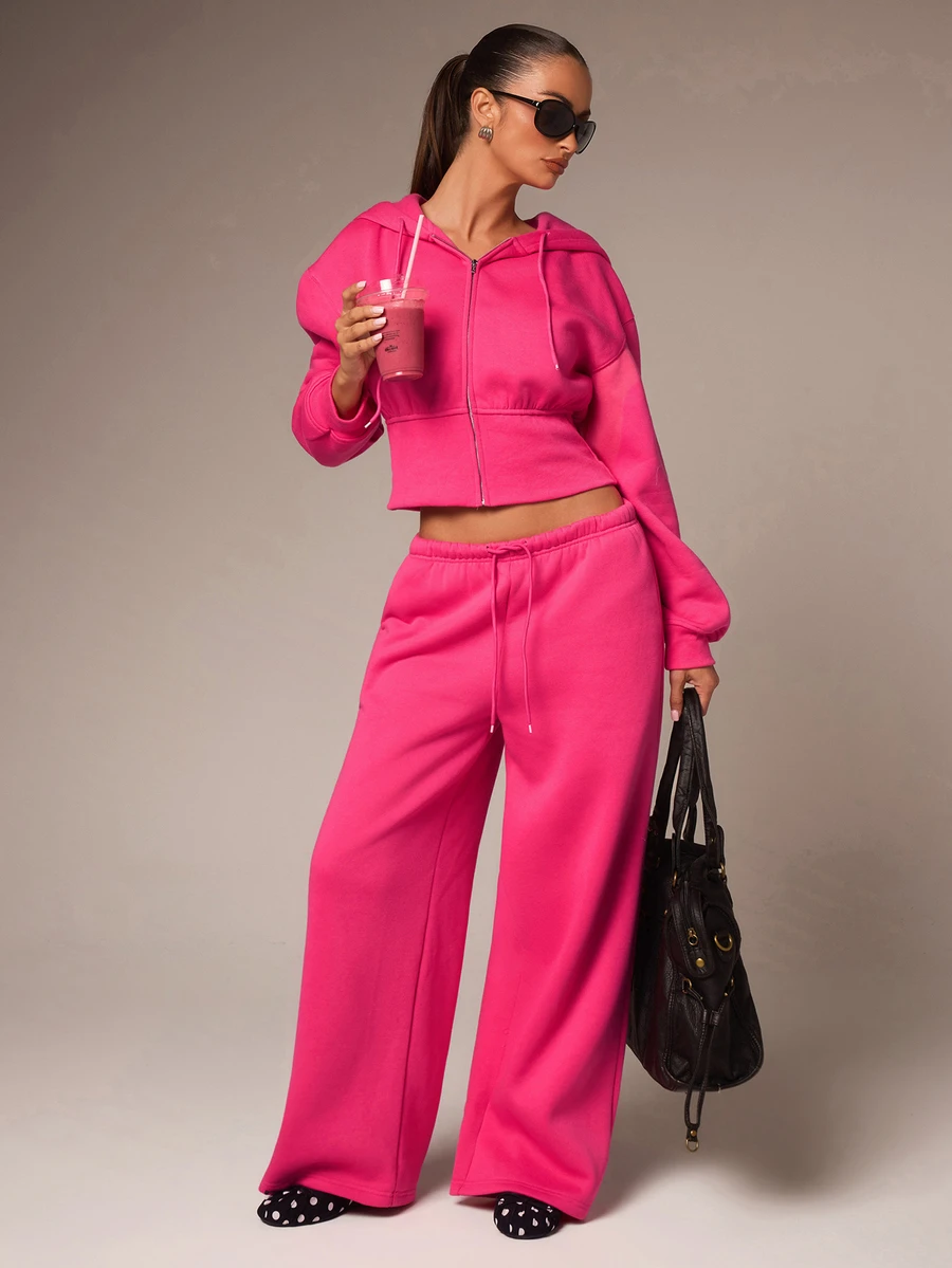 Athîral Women's Solid Color Drawstring Waist Wide Leg Loose Casual Sweatpants Lounge Home Hot Pink Fall - Pink - View 1