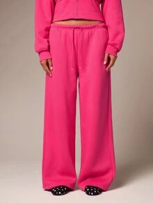 Athîral Women's Solid Color Drawstring Waist Wide Leg Loose Casual Sweatpants Lounge Home Hot Pink Fall - Pink - View 6