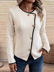 Holdful Holdful Women's Casual Home Wear Autumn/Winter Apricot Fuzzy Textured Fabric Contrast Trim Asymmetric Button Decor Long Sleeve T-Shirt - Multicolor - View 8