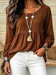 Holdful Holdful Blus Wanita Warna Polos Leher Bulat Lengan Panjang Raglan dengan Hem Berkerut - Coklat - View 4