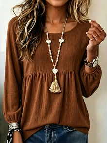 Holdful Holdful Blus Wanita Warna Polos Leher Bulat Lengan Panjang Raglan dengan Hem Berkerut - Coklat - View 3