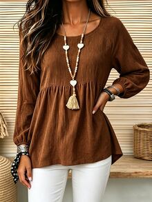 Holdful Holdful Blus Wanita Warna Polos Leher Bulat Lengan Panjang Raglan dengan Hem Berkerut - Coklat - View 5