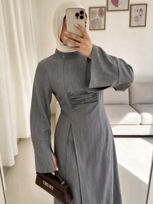 Celisse Women's Muslim Waist-Cinched Stand Collar High-Slit Long Top And Straight-Leg Wide-Leg Pants Casual 2 Pieces Set, Elegant Commute, Spring/Autumn - Grey - View 4