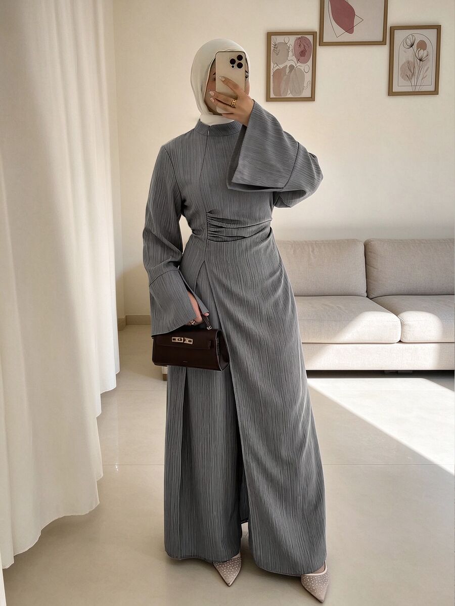 Celisse Women's Muslim Waist-Cinched Stand Collar High-Slit Long Top And Straight-Leg Wide-Leg Pants Casual 2 Pieces Set, Elegant Commute, Spring/Autumn - Grey - View 1