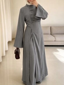 Celisse Women's Muslim Waist-Cinched Stand Collar High-Slit Long Top And Straight-Leg Wide-Leg Pants Casual 2 Pieces Set, Elegant Commute, Spring/Autumn - Grey - View 5