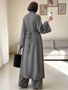 Celisse Women's Muslim Waist-Cinched Stand Collar High-Slit Long Top And Straight-Leg Wide-Leg Pants Casual 2 Pieces Set, Elegant Commute, Spring/Autumn - Grey - View 2