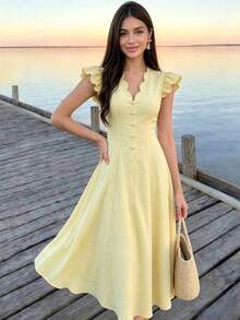 SHEIN Unity Women's Solid Color Pleated Casual Party Midi Dress - Yellow - View 3