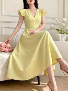 SHEIN Unity Women's Solid Color Pleated Casual Party Midi Dress - Yellow - View 4
