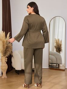 Lacomfia Plus Size Women's Autumn Casual Lapel Long Sleeve Belted Jacket And Elastic Waist Straight Leg Pants 2 Pieces Set - Brown - View 2