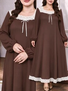 Seusyu Plus Size Women Romantic Elegant A-Line Square Neck Short Sleeve Textured Knit Contrast Lace Contrast Color Bowknot Fall Long Dress Brown - Brown - View 1