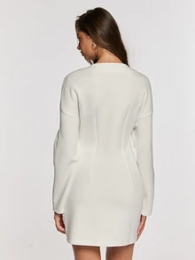 Opulessa Women's Solid Color V-Neck Drop Shoulder Long Sleeve Single-Breasted Casual French Elegant Mini Dress Brunch Tea Party Off-White Fall - White - View 5