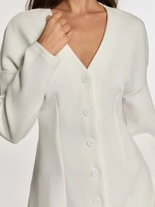 Opulessa Women's Solid Color V-Neck Drop Shoulder Long Sleeve Single-Breasted Casual French Elegant Mini Dress Brunch Tea Party Off-White Fall - White - View 3