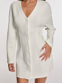 Opulessa Women's Solid Color V-Neck Drop Shoulder Long Sleeve Single-Breasted Casual French Elegant Mini Dress Brunch Tea Party Off-White Fall - White - View 4