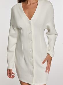 Opulessa Women's Solid Color V-Neck Drop Shoulder Long Sleeve Single-Breasted Casual French Elegant Mini Dress Brunch Tea Party Off-White Fall - White - View 2