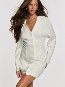 Opulessa Women's Solid Color V-Neck Drop Shoulder Long Sleeve Single-Breasted Casual French Elegant Mini Dress Brunch Tea Party Off-White Fall - White - View 7
