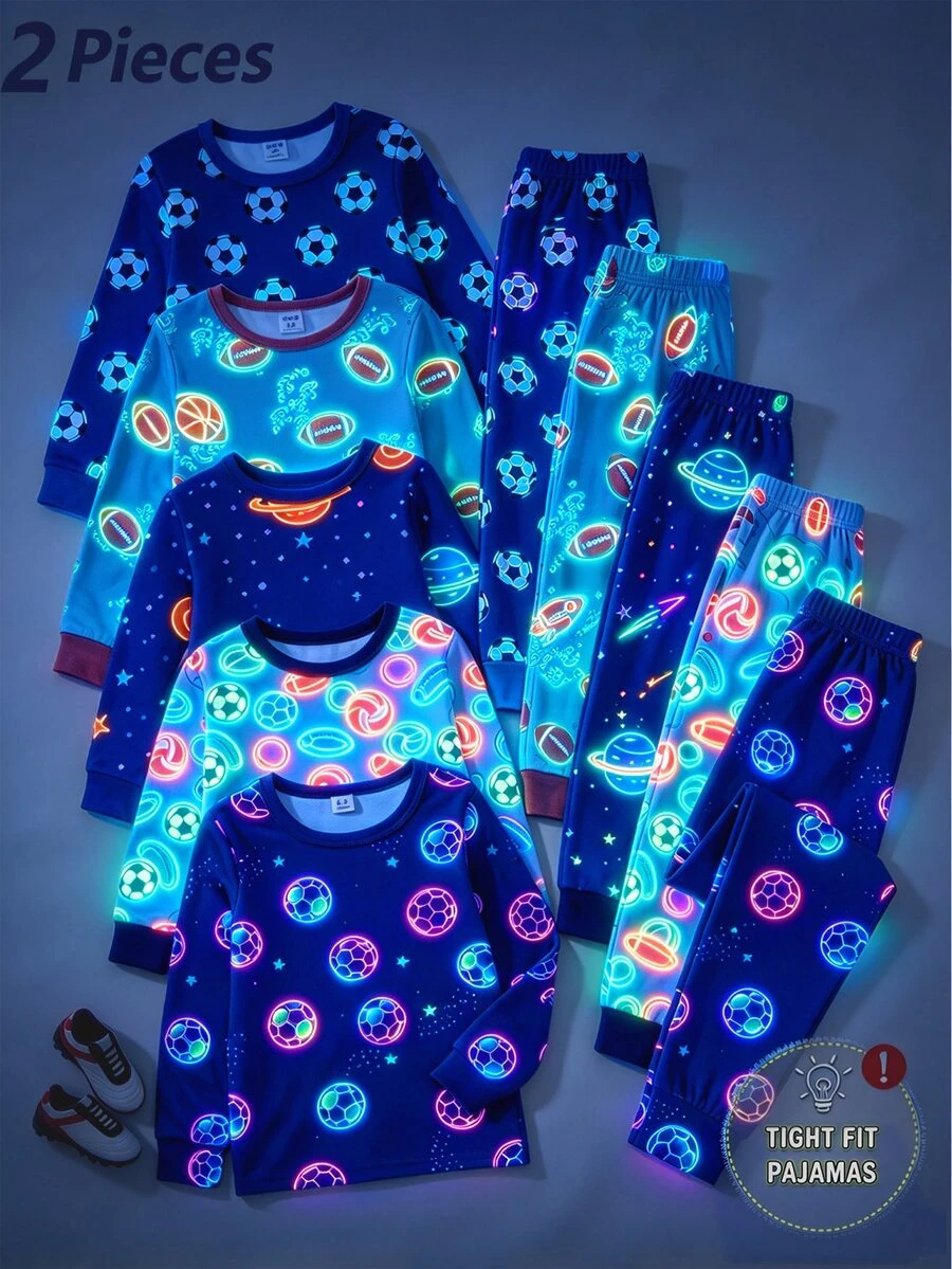 男童螢光貼身睡衣套裝,UV光感發光太空人、足球、行星印花,針織面料,彈性貼身圓領長袖褲子2件套,居家休閒睡衣 - 彩色 - 查看 1