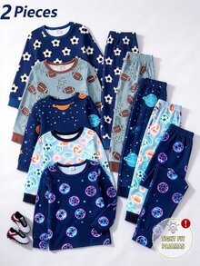 男童螢光貼身睡衣套裝，UV光感發光太空人、足球、行星印花，針織面料，彈性貼身圓領長袖褲子2件套，居家休閒睡衣 - 彩色 - 查看 5