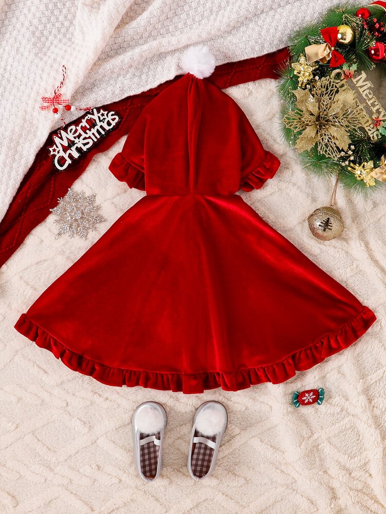 SHEIN Baby Girl New Velvet Short Cape Cloak With Ruffle Edge And Hood, Christmas Red, Christmas Dress For Girls, Red Christmas Cape For Girls - Red - View 2
