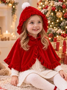 SHEIN Baby Girl New Velvet Short Cape Cloak With Ruffle Edge And Hood, Christmas Red, Christmas Dress For Girls, Red Christmas Cape For Girls - Red - View 3